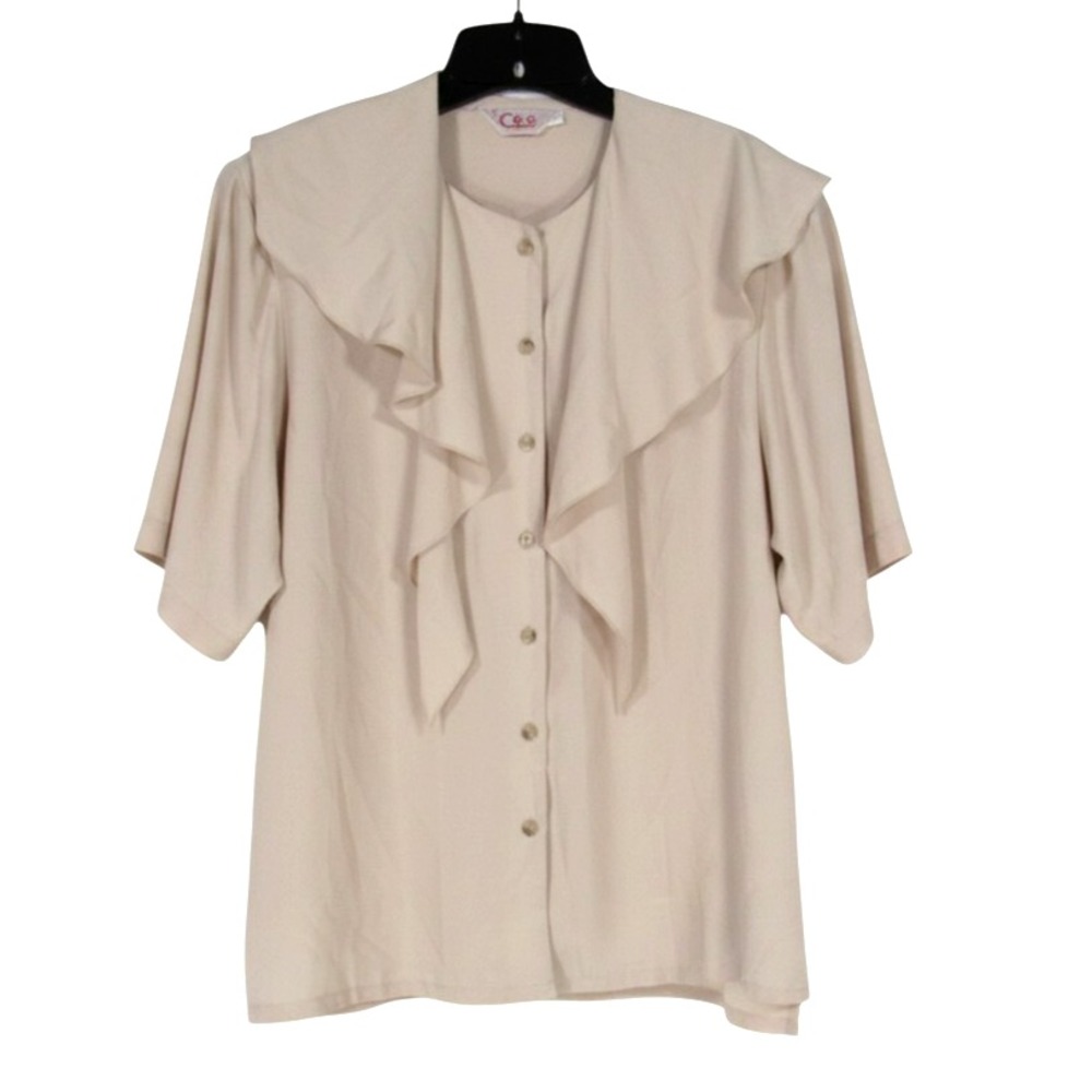 VTG CEO Silky SATIN Beige FLOWY LARGE TIE COLLAR Button-Up BLOUSE/TOP Sz 12